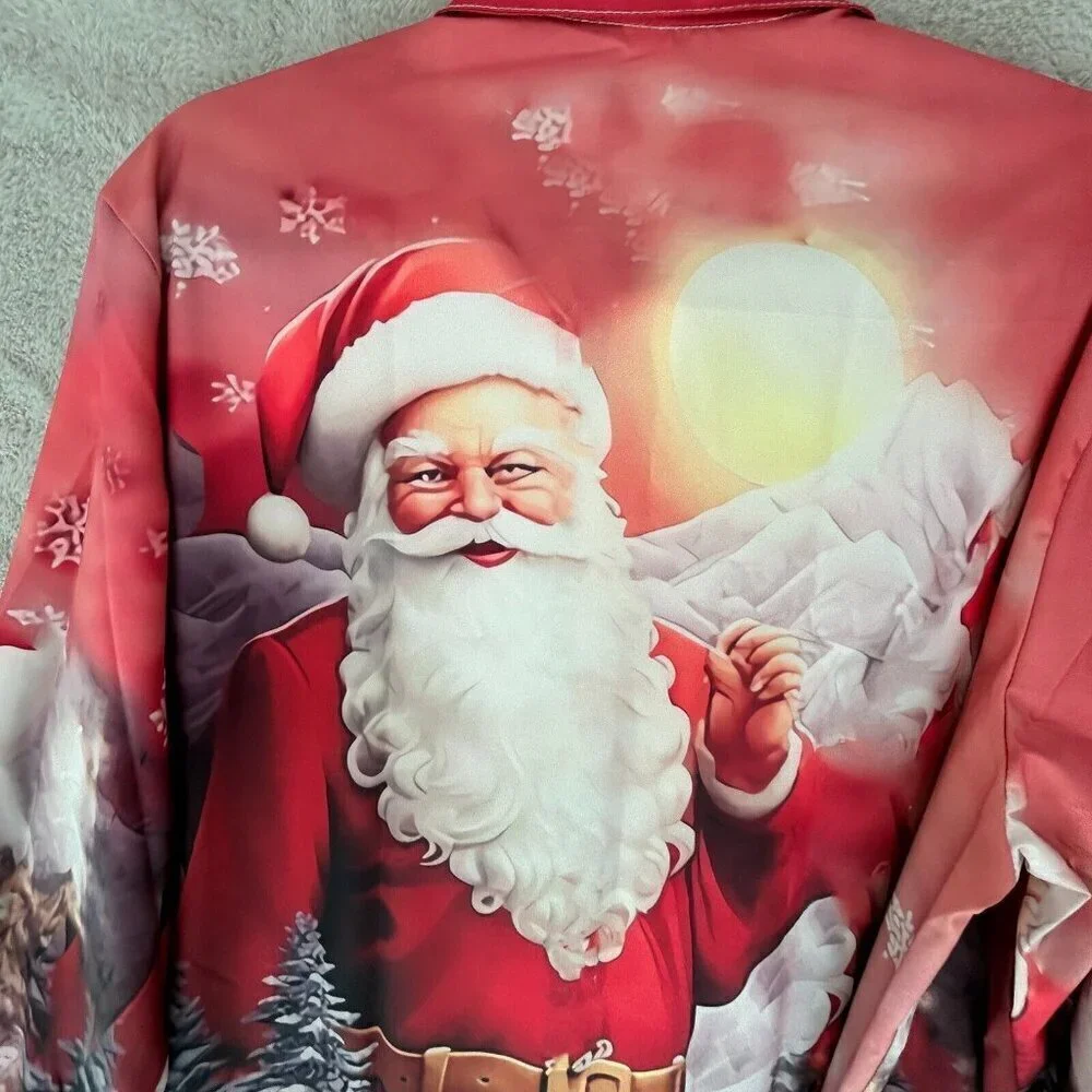 Santa Christmas Printed Polyester Long Sleeve Shirt Mens 3XL Holiday Party